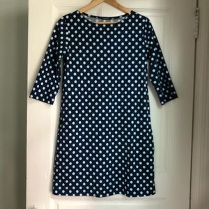Marimekko shift dress, navy with dots.